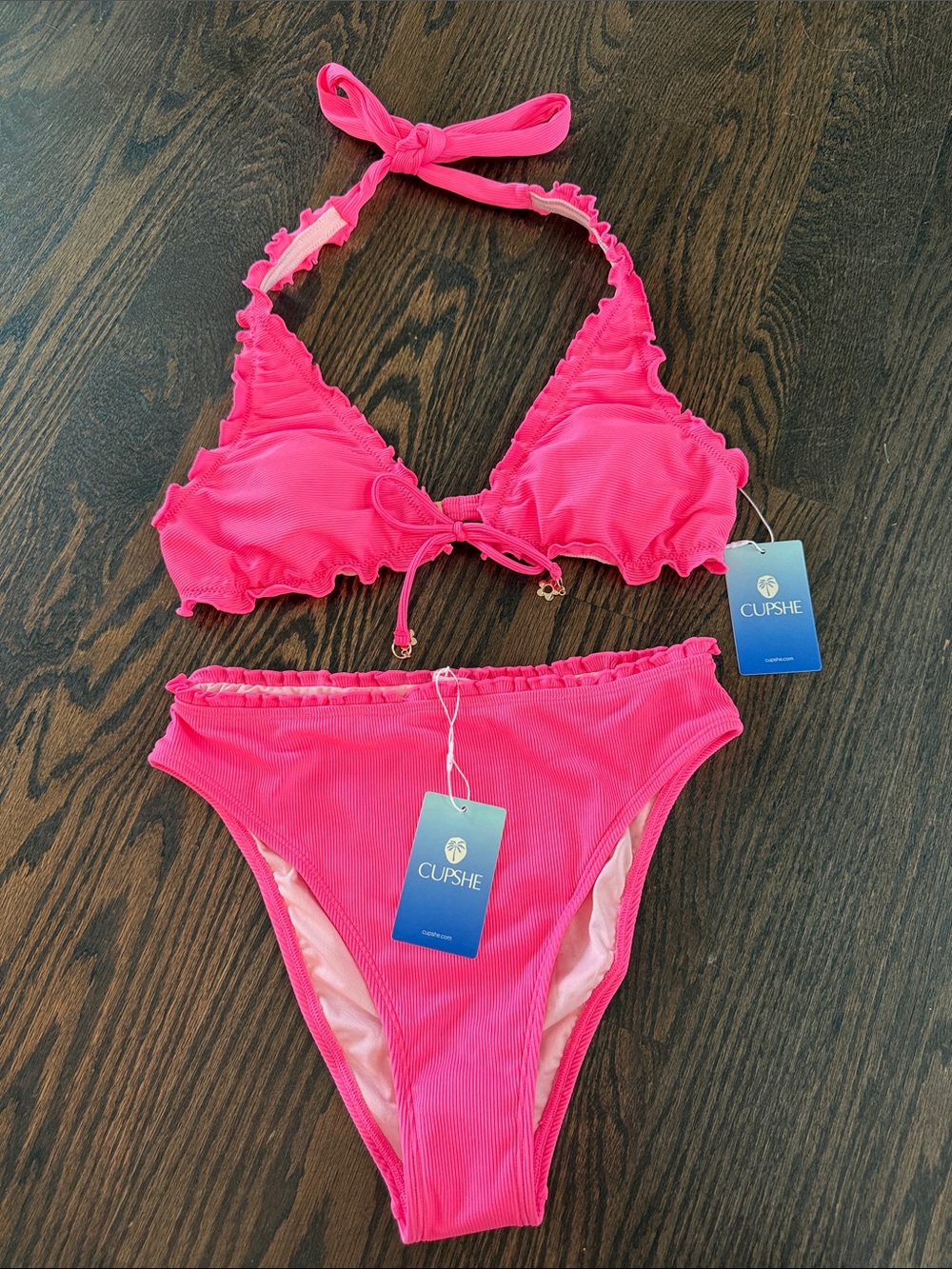 Cupshe Hot Pink Ruffled Triangle Bikini Set